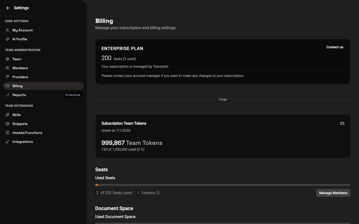 Billing settings showing plan, seats, monthly team tokens, usage and documents.