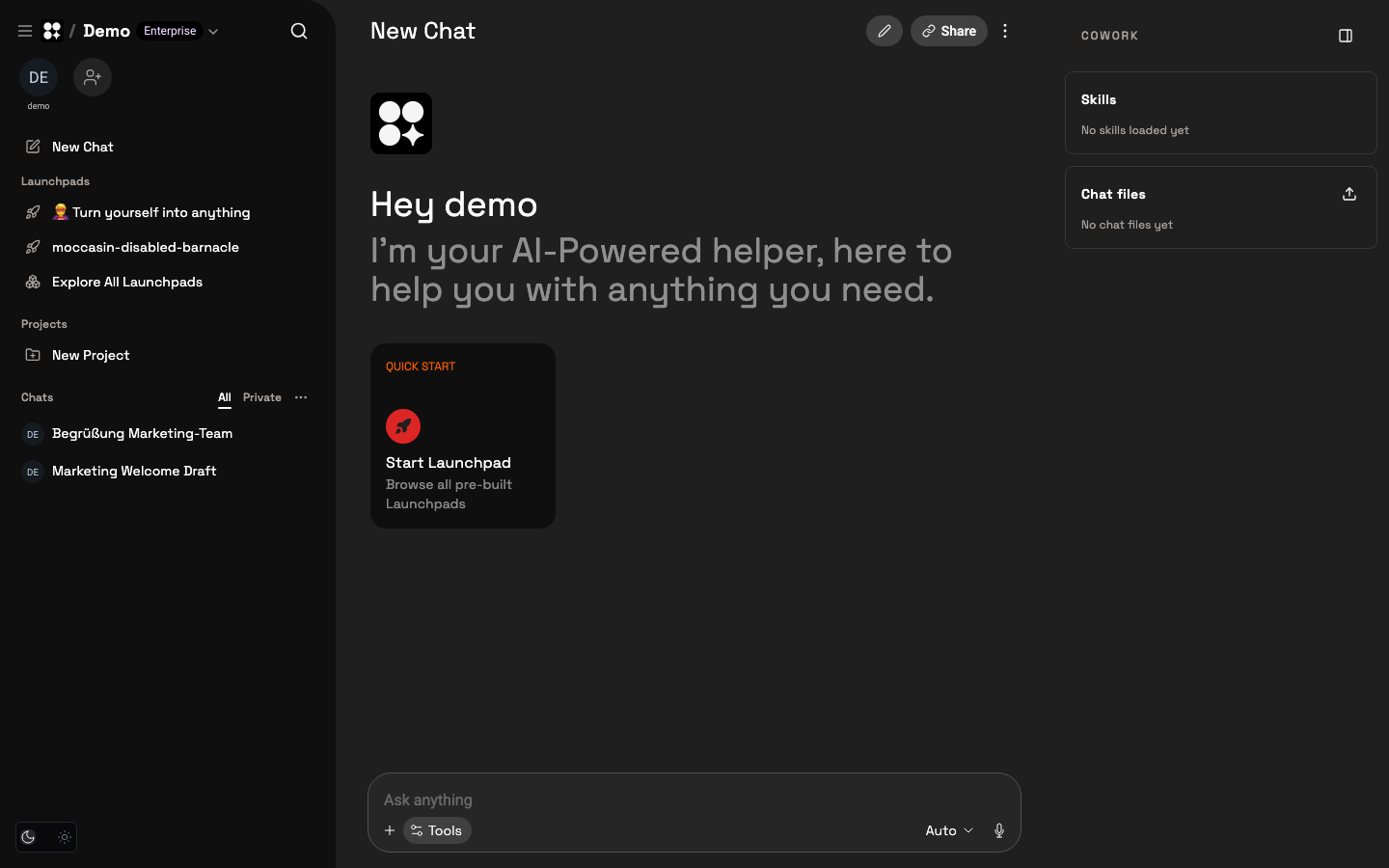 The Cowork sidebar showing Skills and Chat files.
