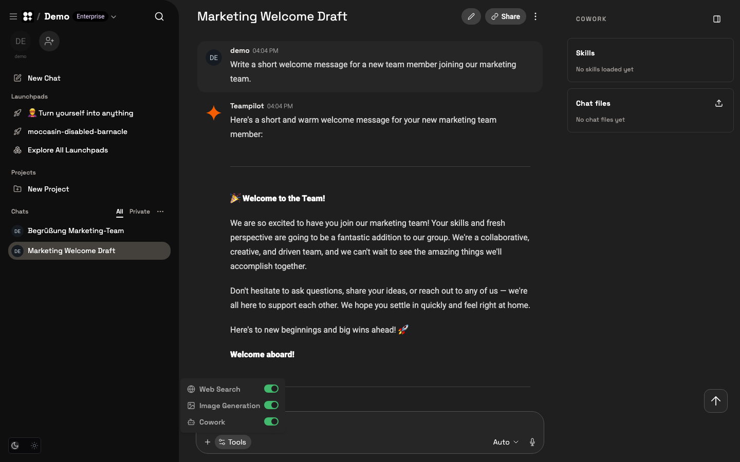 The composer Tools menu with Web Search, Image Generation, and Cowork.