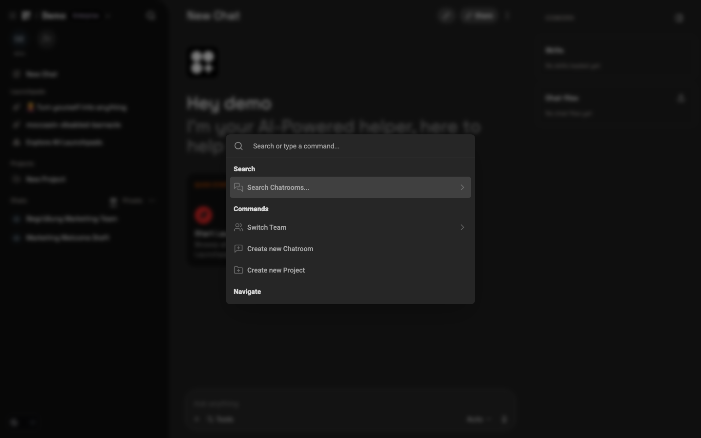 The command palette overlay opened over the Teampilot workspace.