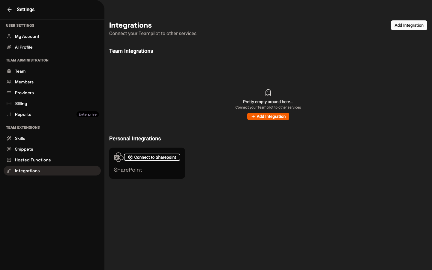 The Integrations settings page showing team and personal integrations