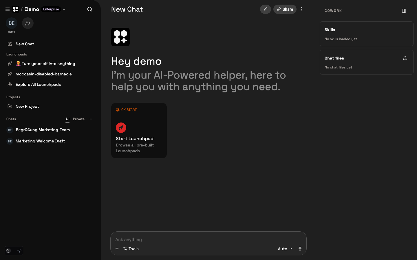 The Teampilot workspace with the left sidebar, center chat area, and right Cowork sidebar.