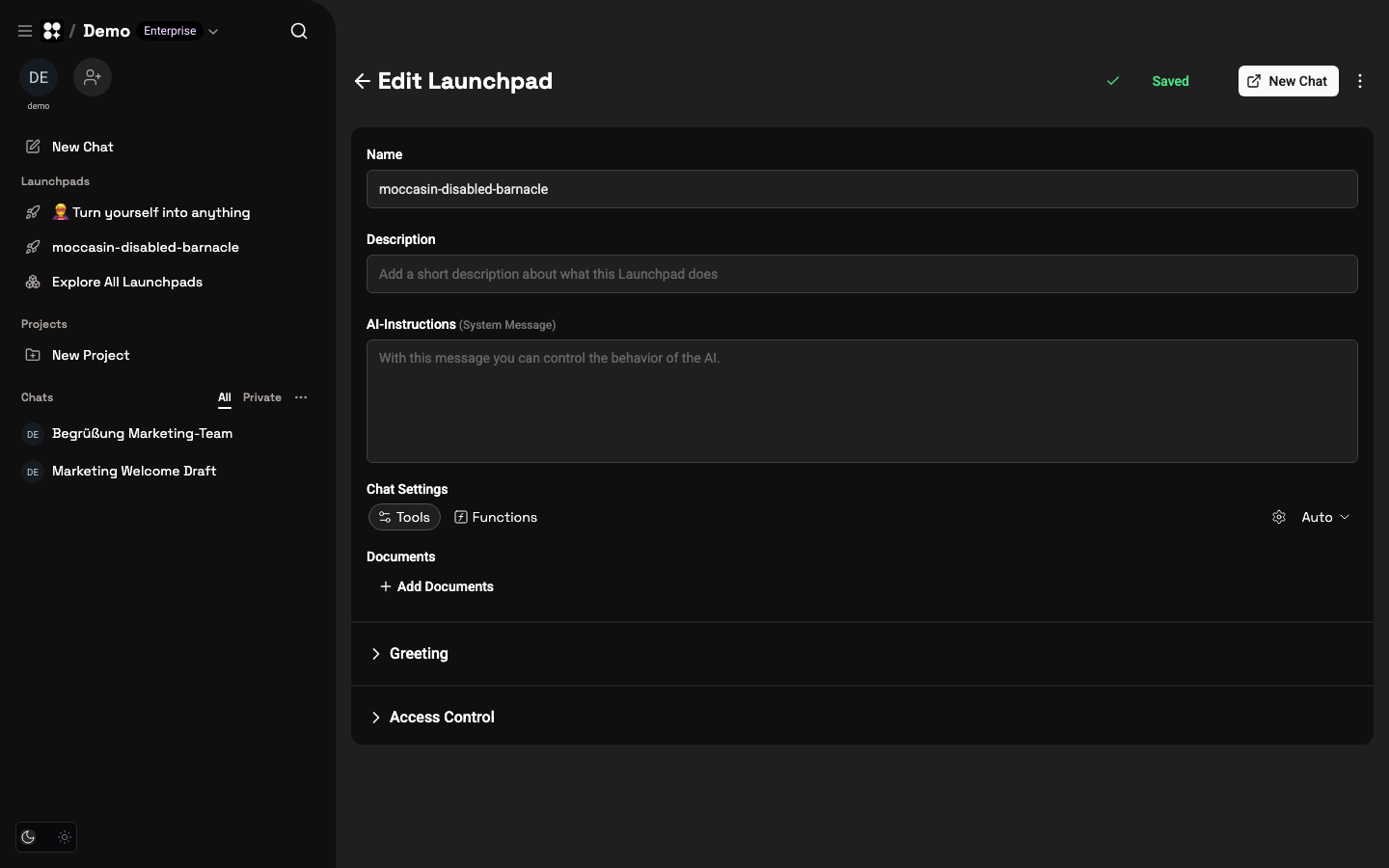 A Launchpad configuration screen with Name, Description, AI Instructions, Chat Settings, Documents, Greeting, and Access Control