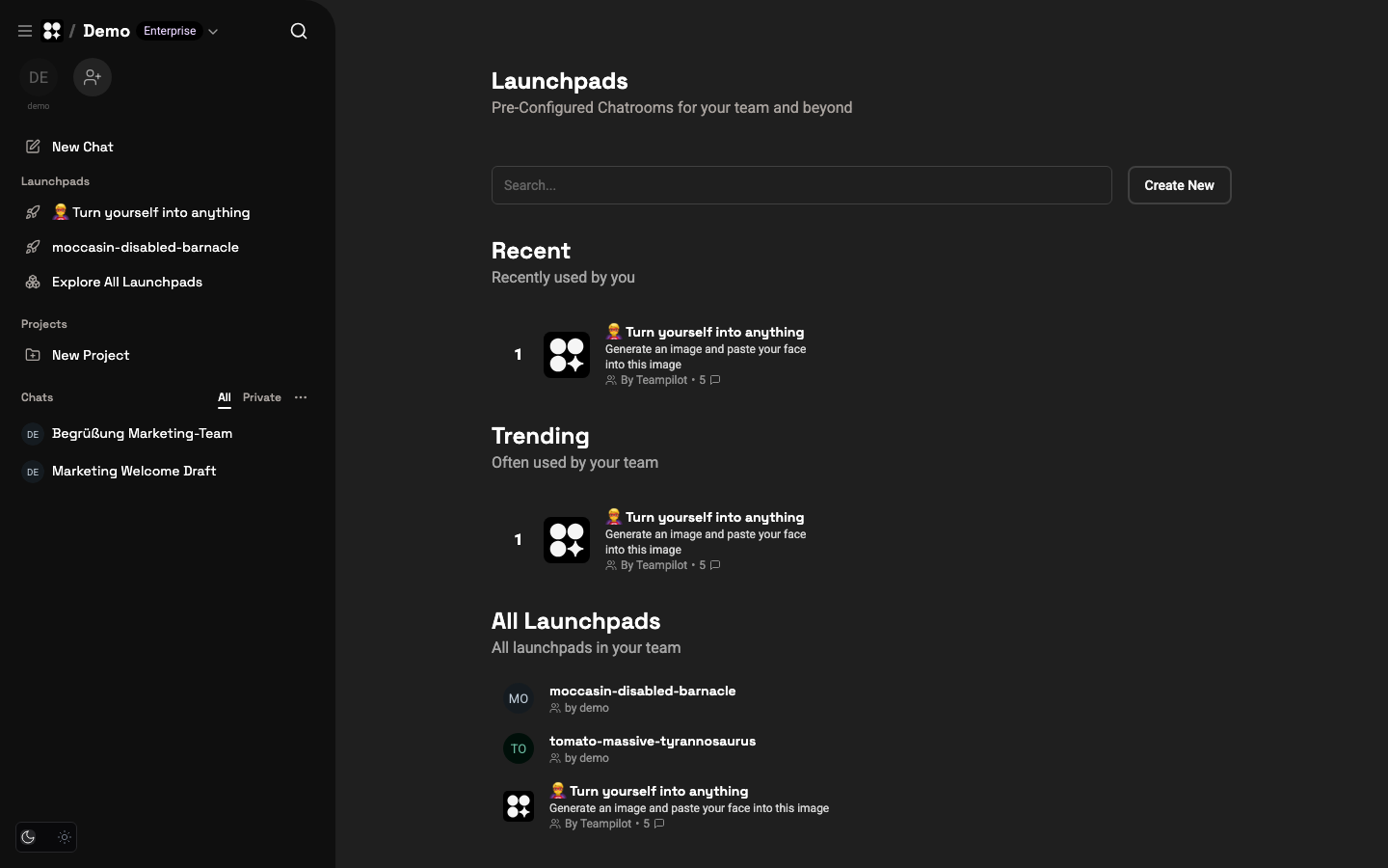 The Launchpads page with Recent, Trending, and All Launchpads sections and a Create New button