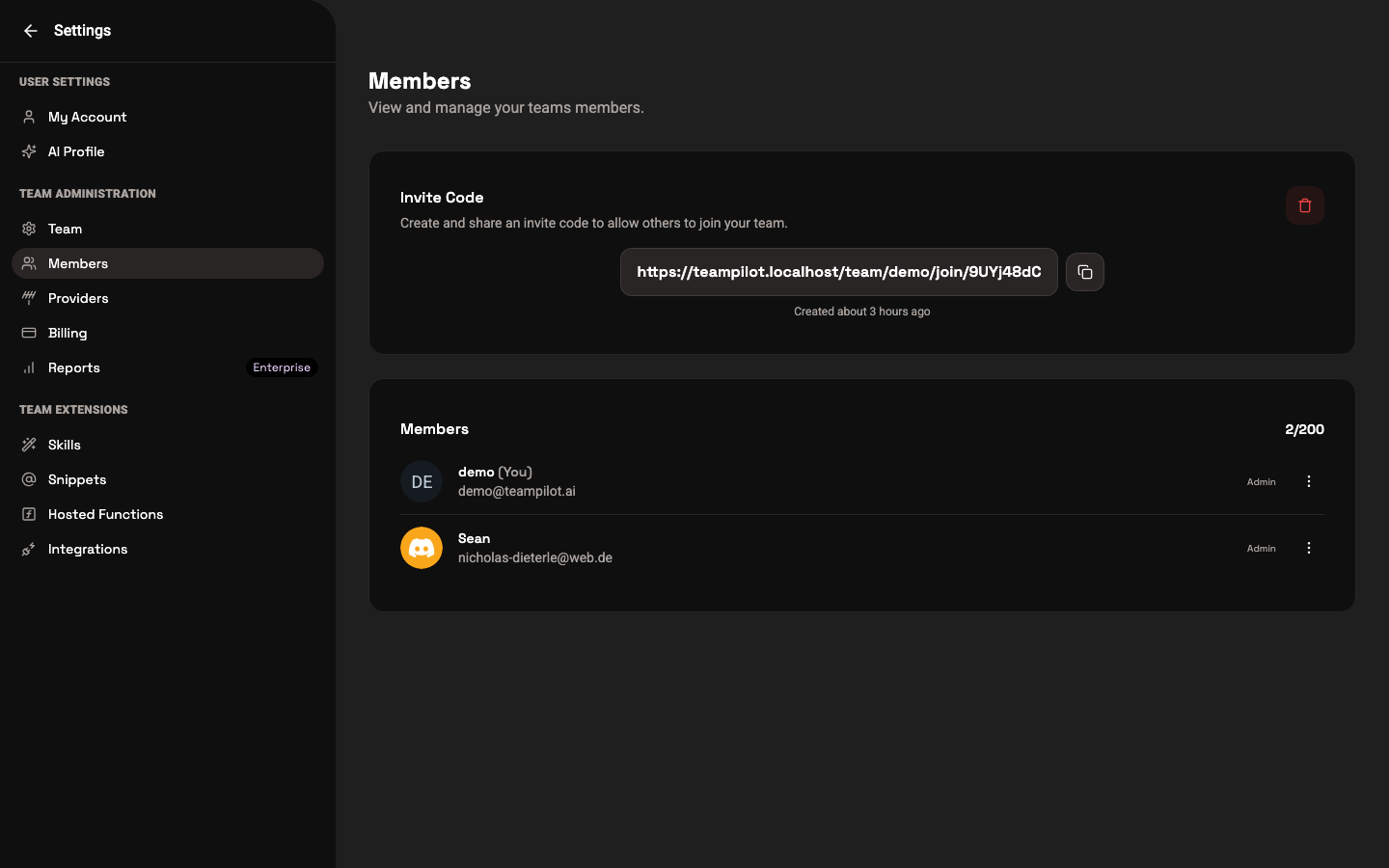 Members settings showing the invite code, the member list, and each member role.