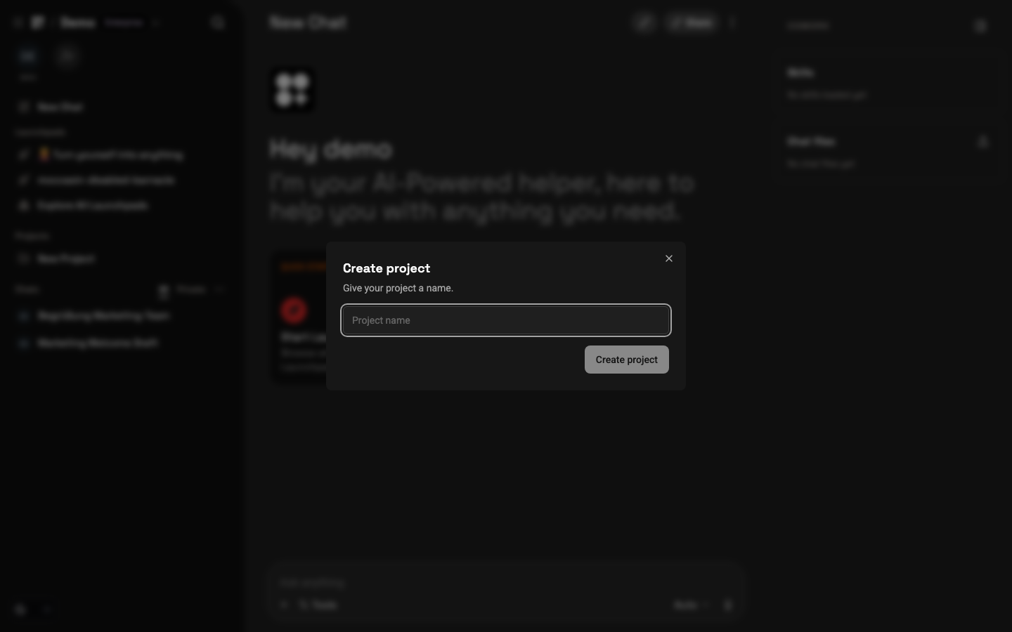 The Create project dialog opened from the sidebar.