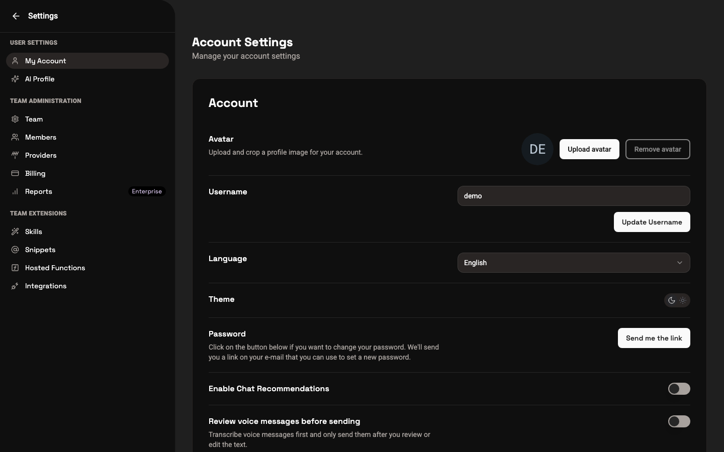 My Account settings showing avatar, username, language, theme, and password fields