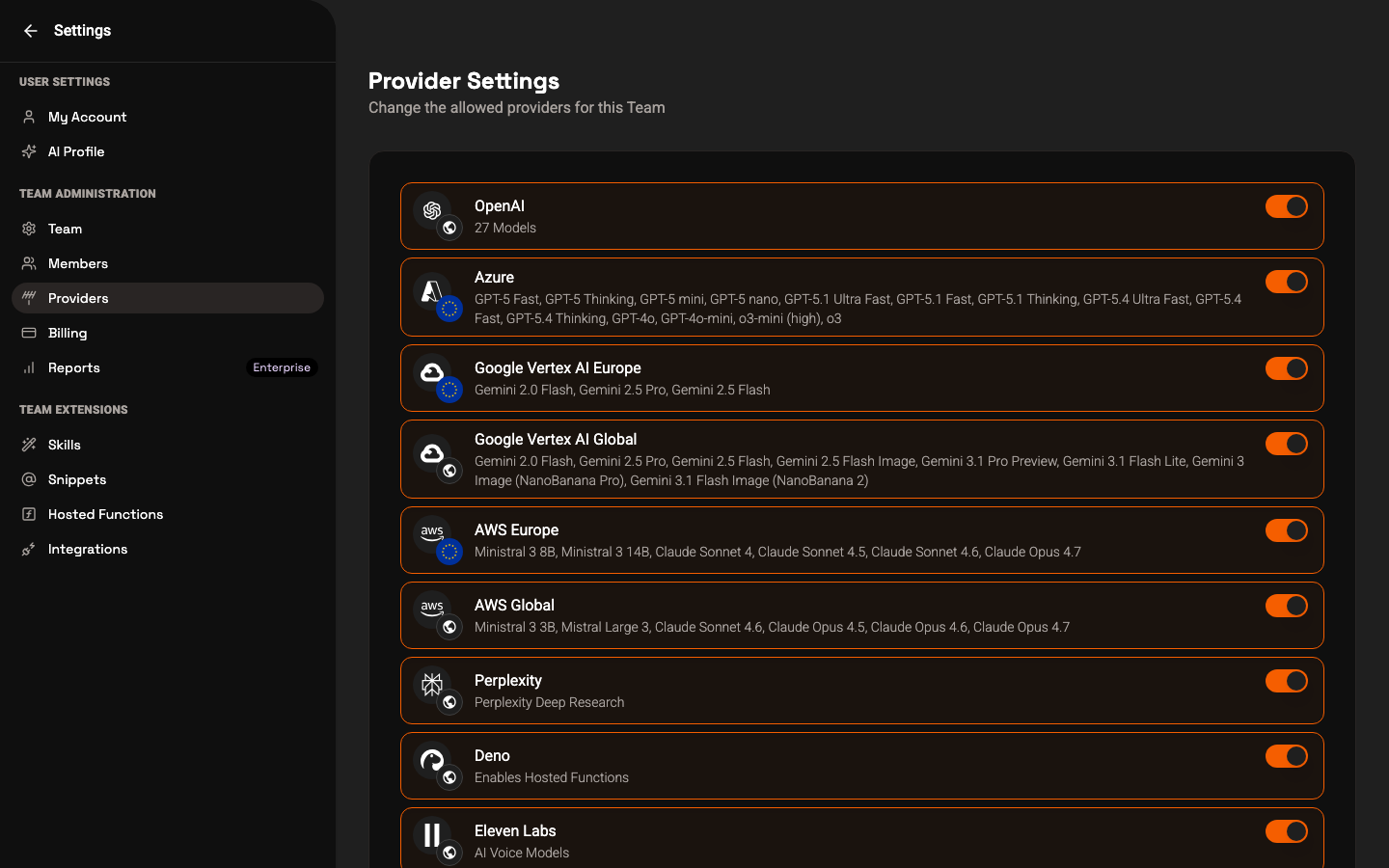 Provider settings listing OpenAI, Azure, Google Vertex AI, AWS, Perplexity, and Eleven Labs