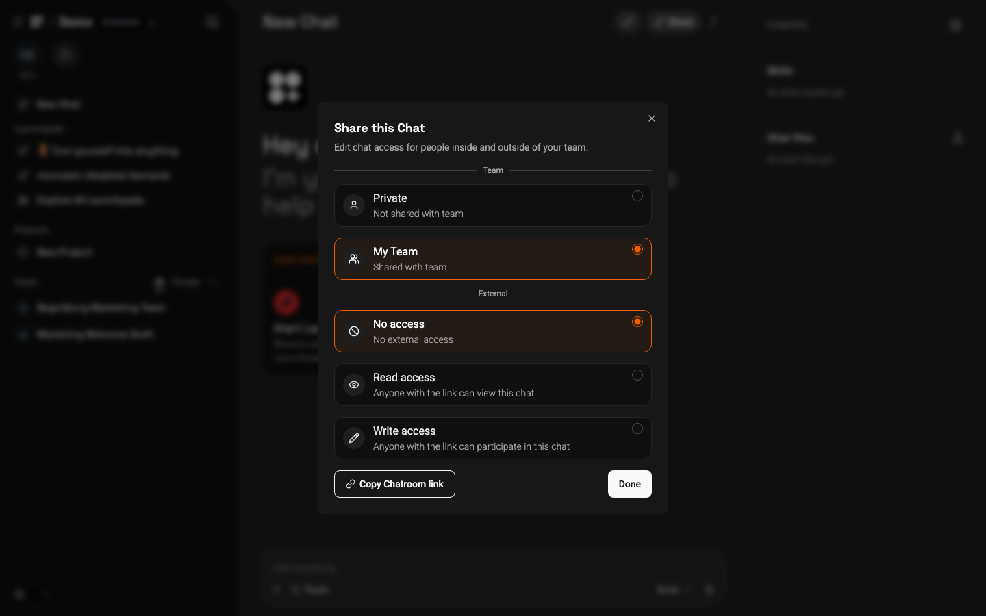 The Share this Chat dialog with team and external access options