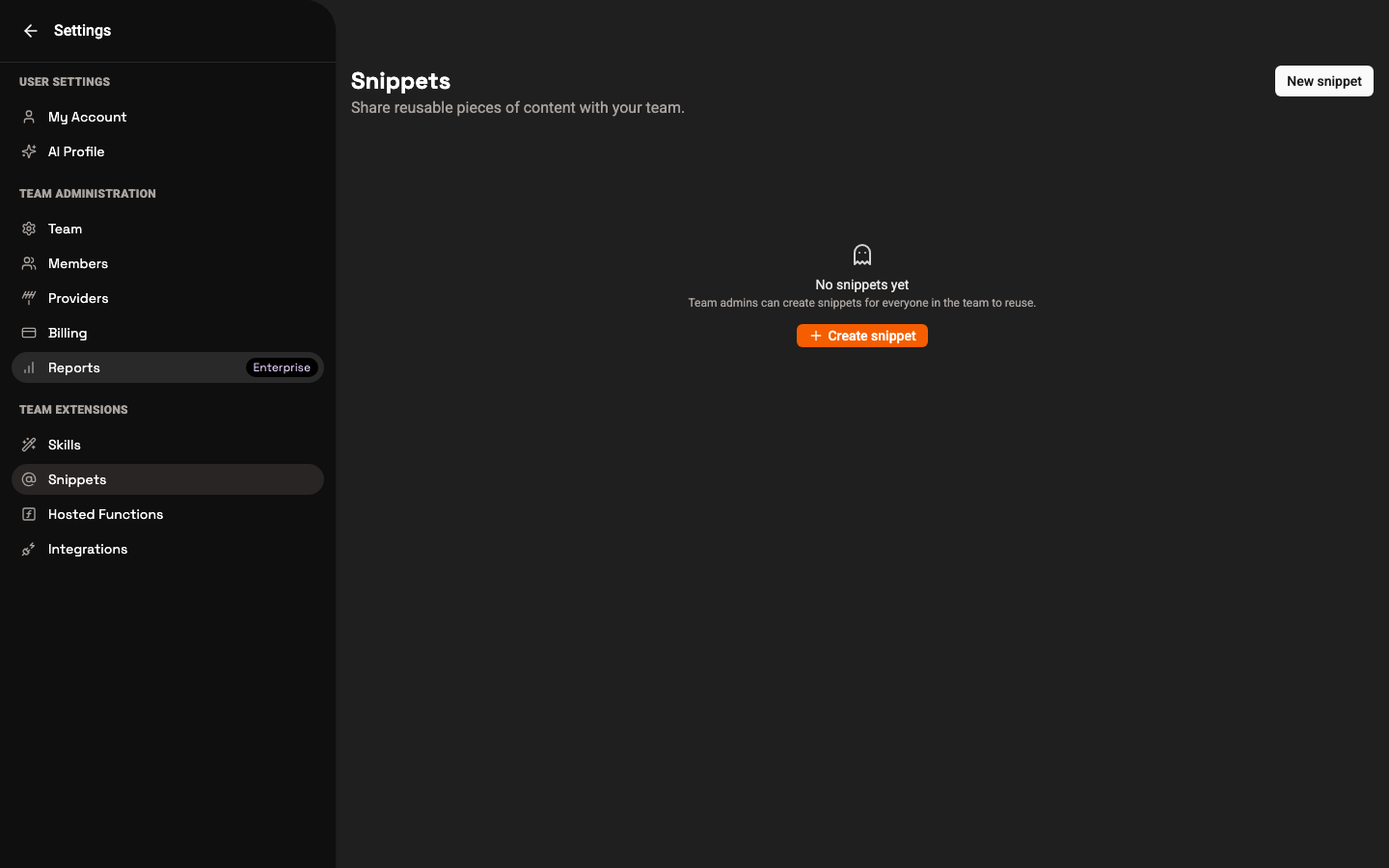 The Snippets settings page showing the empty state with a Create snippet button.